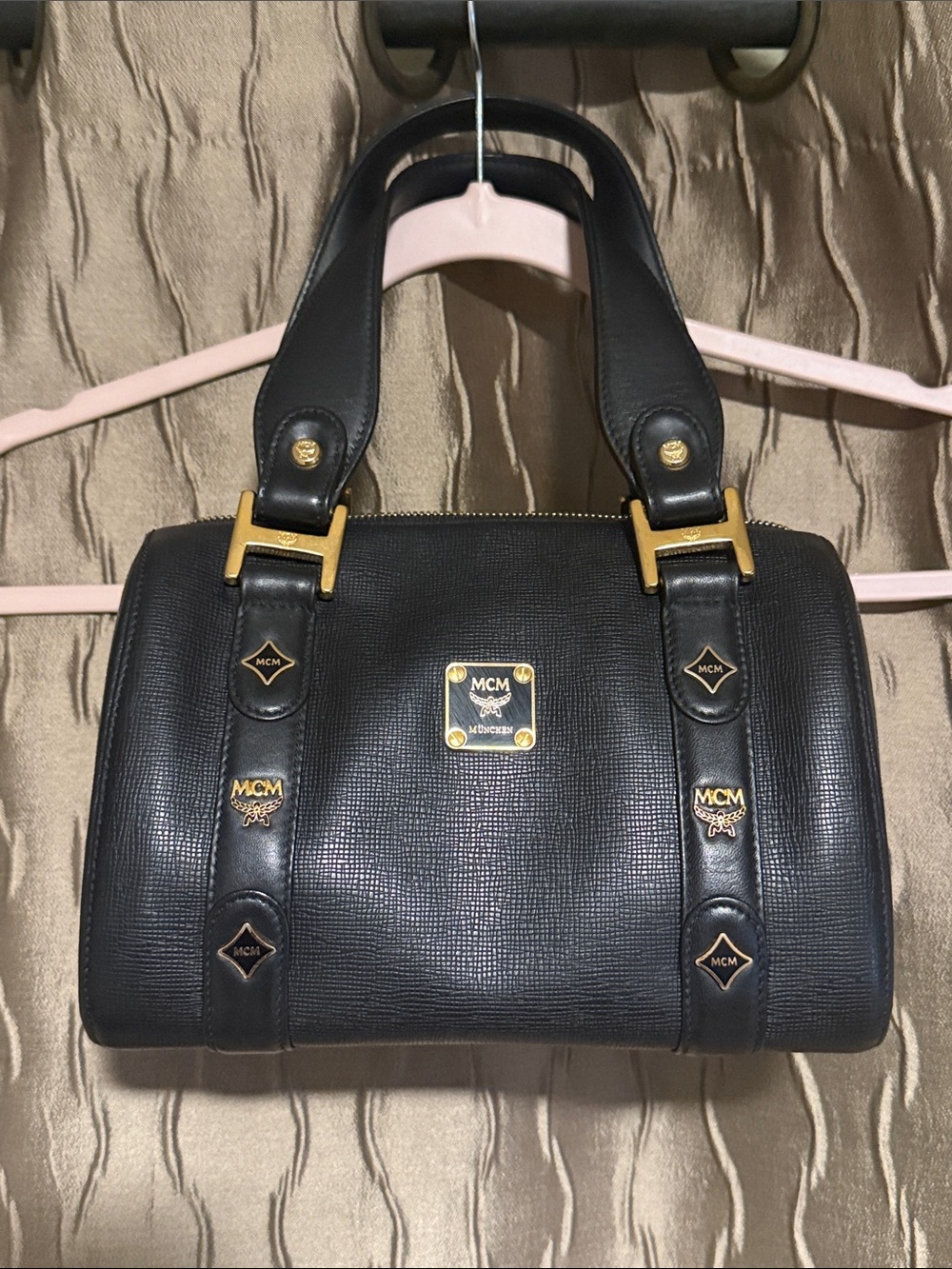 MCM Authentic Black Leather Satchel with Gold Hardware Accents